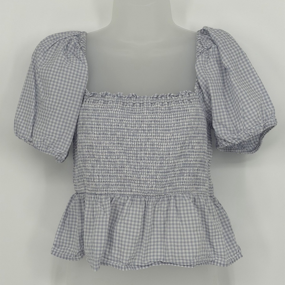 J.Crew Sz M Squareneck Smocked Gingham Top Cotton Puff Sleeve Blouse Cottagecore - Picture 2 of 7